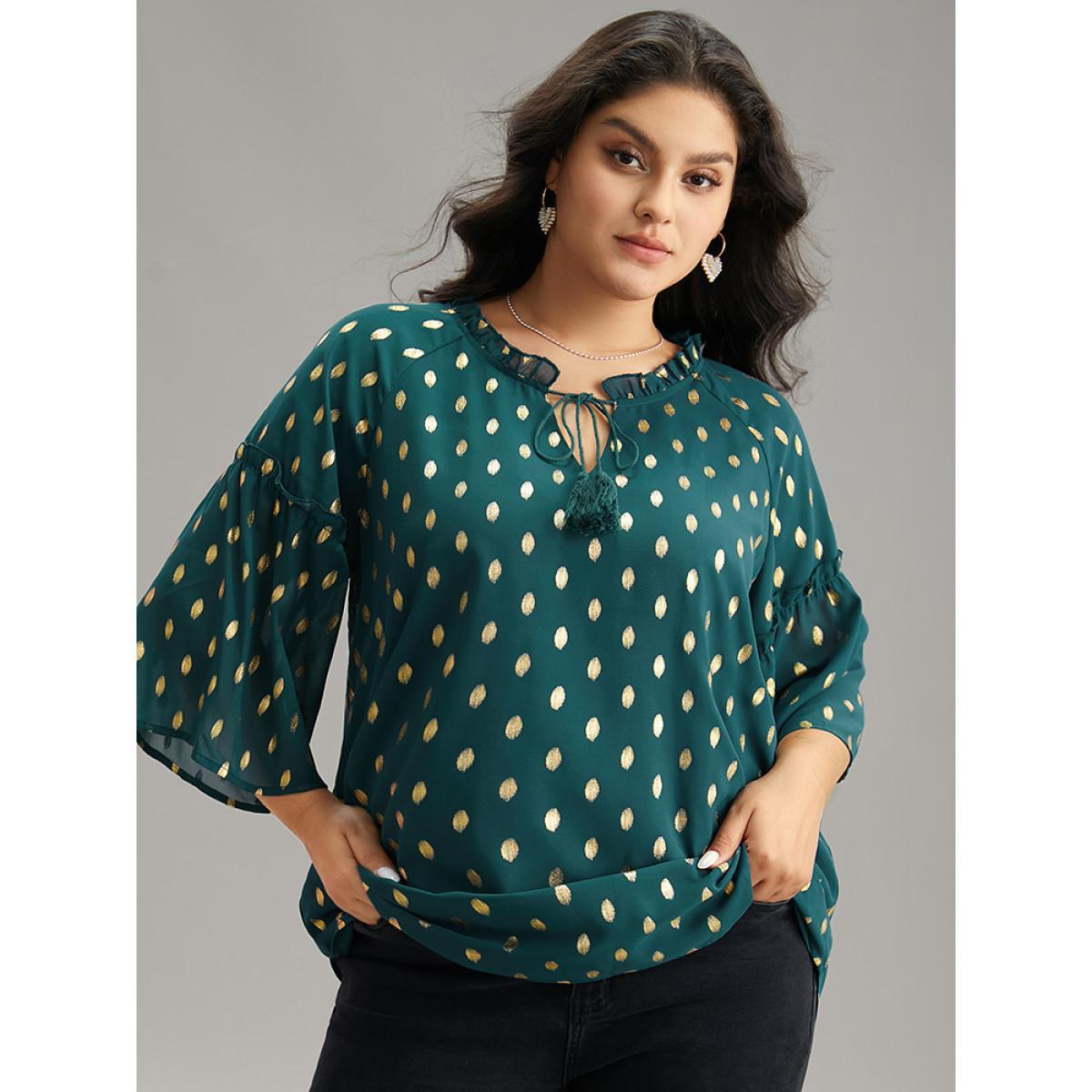 Plus Size Cyan Geo Glitter Tassels Ties Blouse Women Glamour Elbow-length sleeve Tie Neck Going out Blouses BloomChic 12/L Product Image