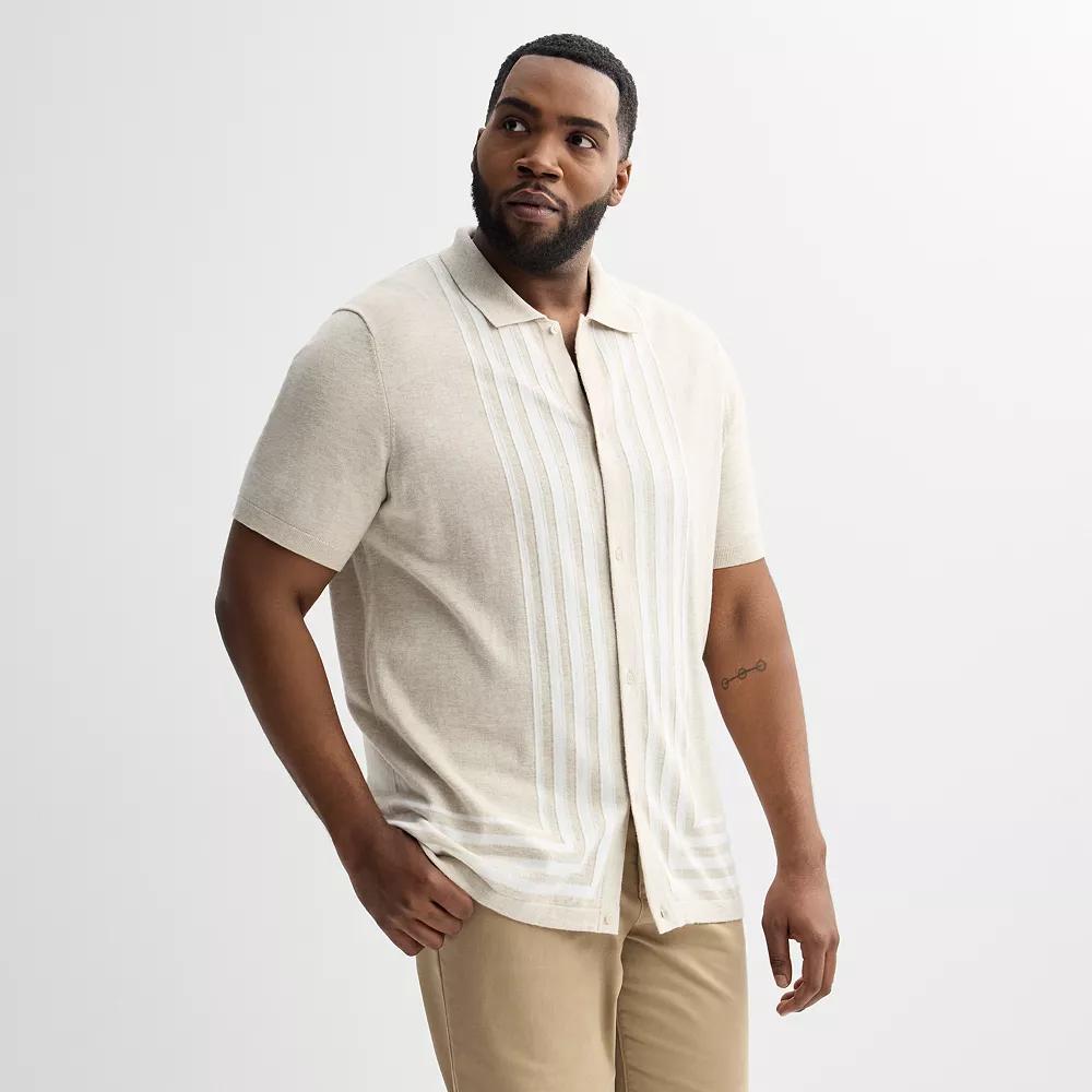 Big & Tall Apt. 9® Knit Short Sleeve Button Down Shirt, Men's, Size: Large Tall, Ivory Stripe Product Image