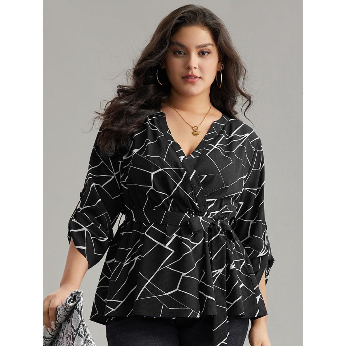 Plus Size Black Geometric Print Tab Sleeve Belted Wrap Blouse Women Office Long Sleeve V-neck Work Blouses BloomChic 10/M Product Image