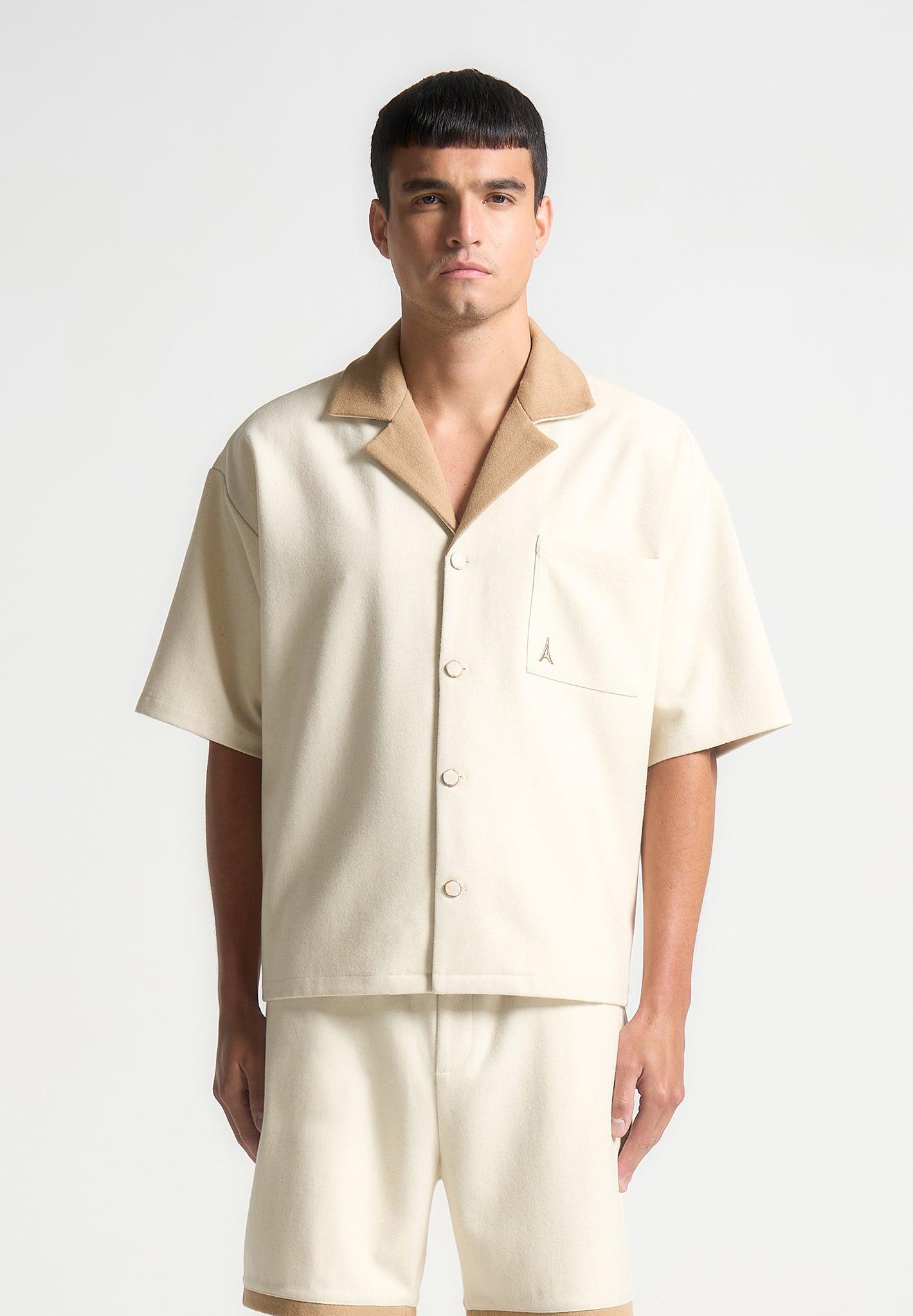 Boxy Wool Revere Shirt - Cream/Brown Male Product Image