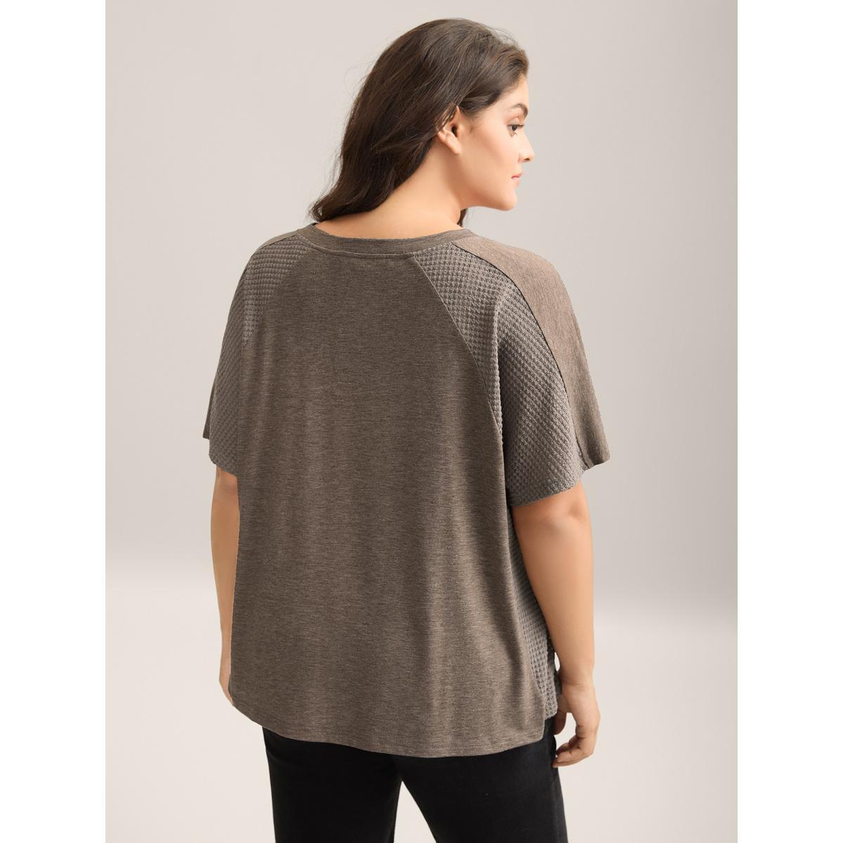 Plus Size Waffle V-Neck Pocket Plain T-Shirt LightBrown Women Texture V-neck Everyday-Casual T-shirts BloomChic 10/M Product Image