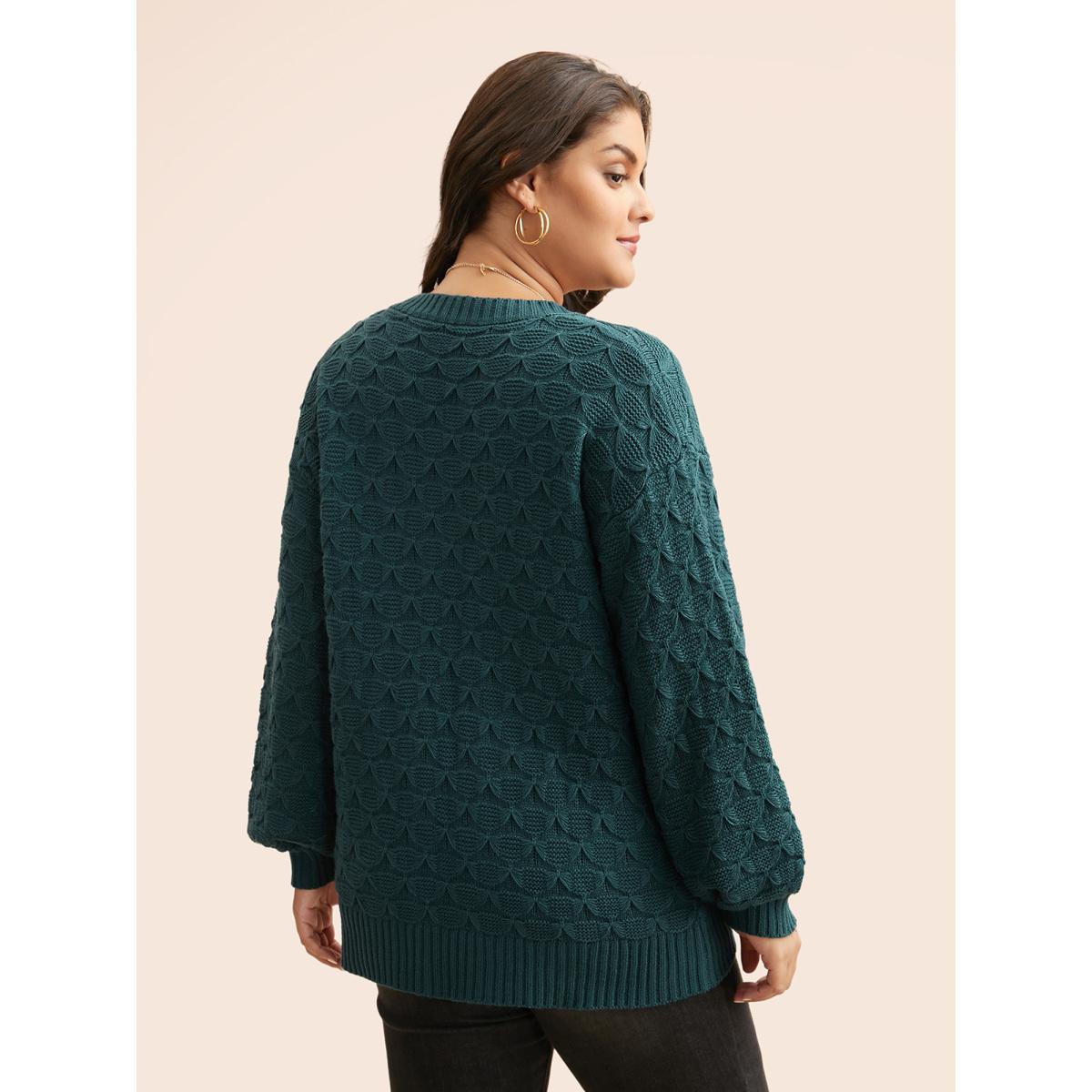 Plus Size Fish Scale Texture Drop Shoulder Pullover Cyan Women Casual Loose Long Sleeve Round Neck Everyday Pullovers BloomChic 28/5X Product Image