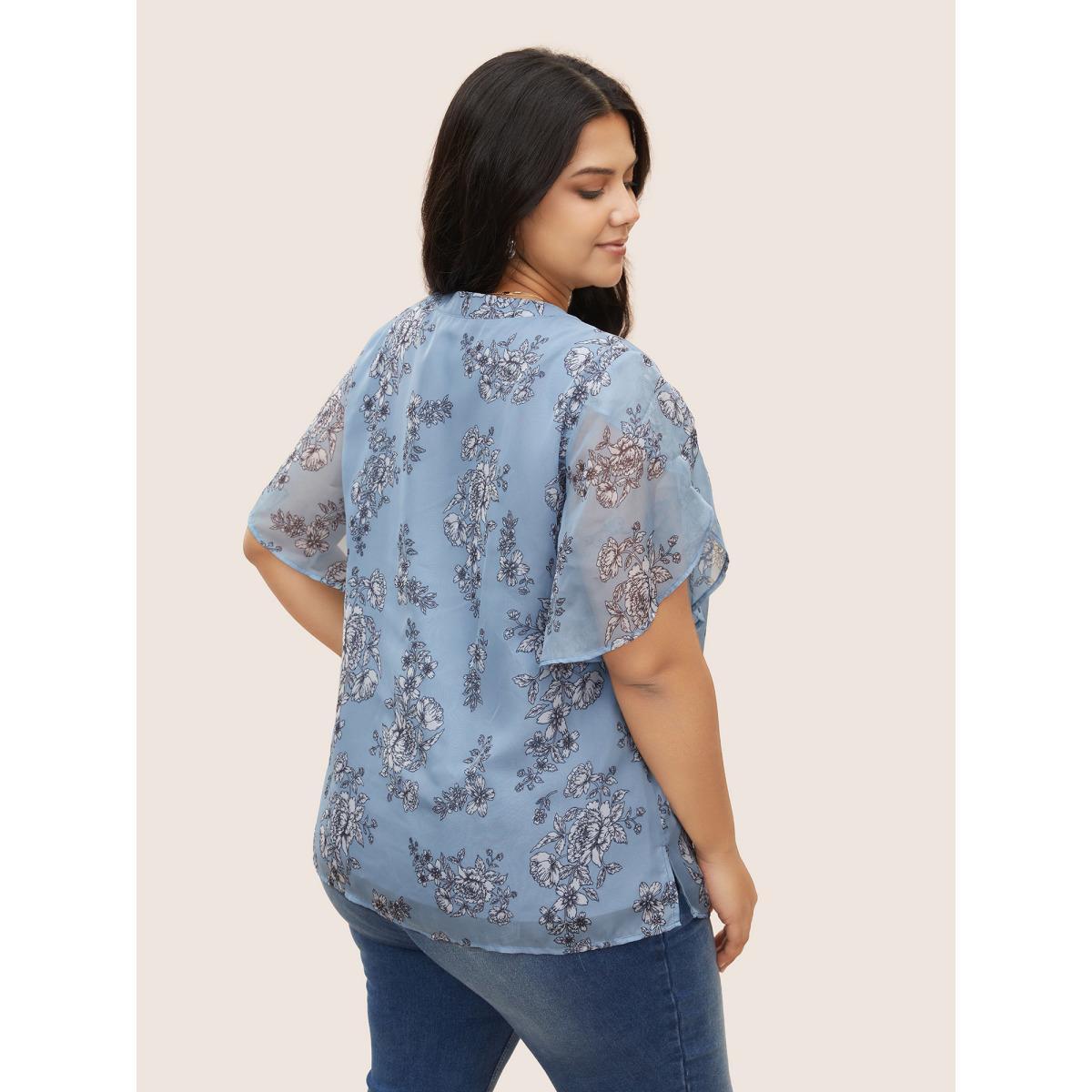 Plus Size Stone Chiffon Floral Print Flat Collar With V Notch Petal Sleeve Blouse Women Elegant Short sleeve V-neck Everyday Blouses BloomChic 18-20/2X Product Image
