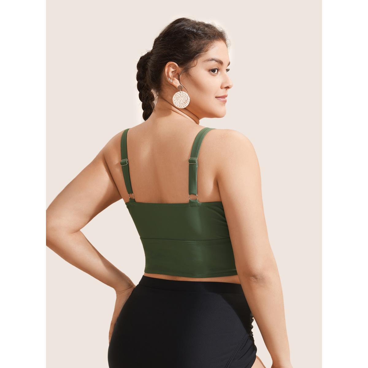 Plus Size Plain Patchwork Ruched Adjustable Straps Swim Top Women's Swimwear ArmyGreen Beach Non High stretch Skinny Heart neckline Curve Swim Tops BloomChic 10/M Product Image