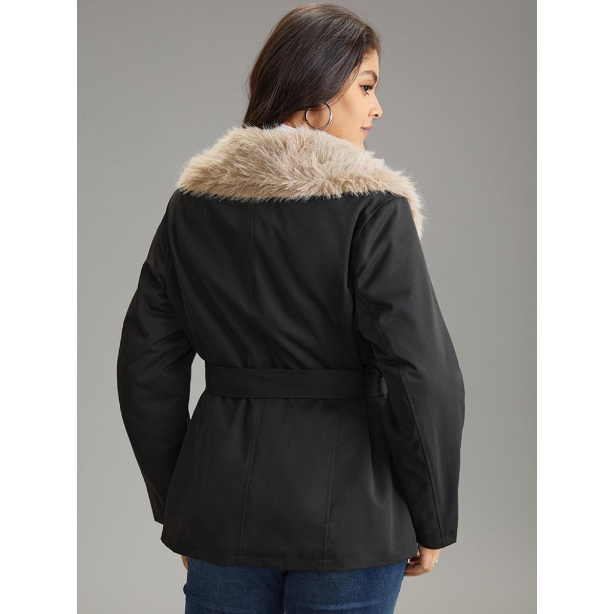 Plus Size Fuzzy Trim Patchwork Zipper Belted Lapel Collar Coat Women Black Casual Lined Ladies Dailywear Winter Coats BloomChic 26/4X Product Image