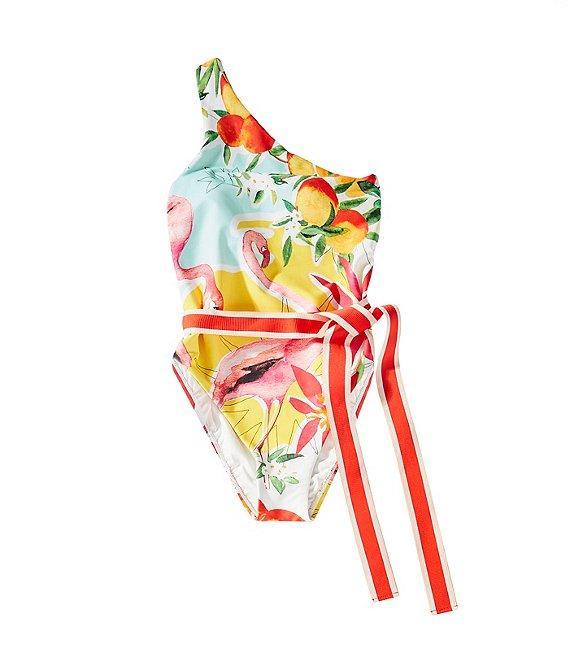 Antonio Melani Flamingos Ribbon Belt Cut Out One Shoulder One Piece Swimsuit Product Image