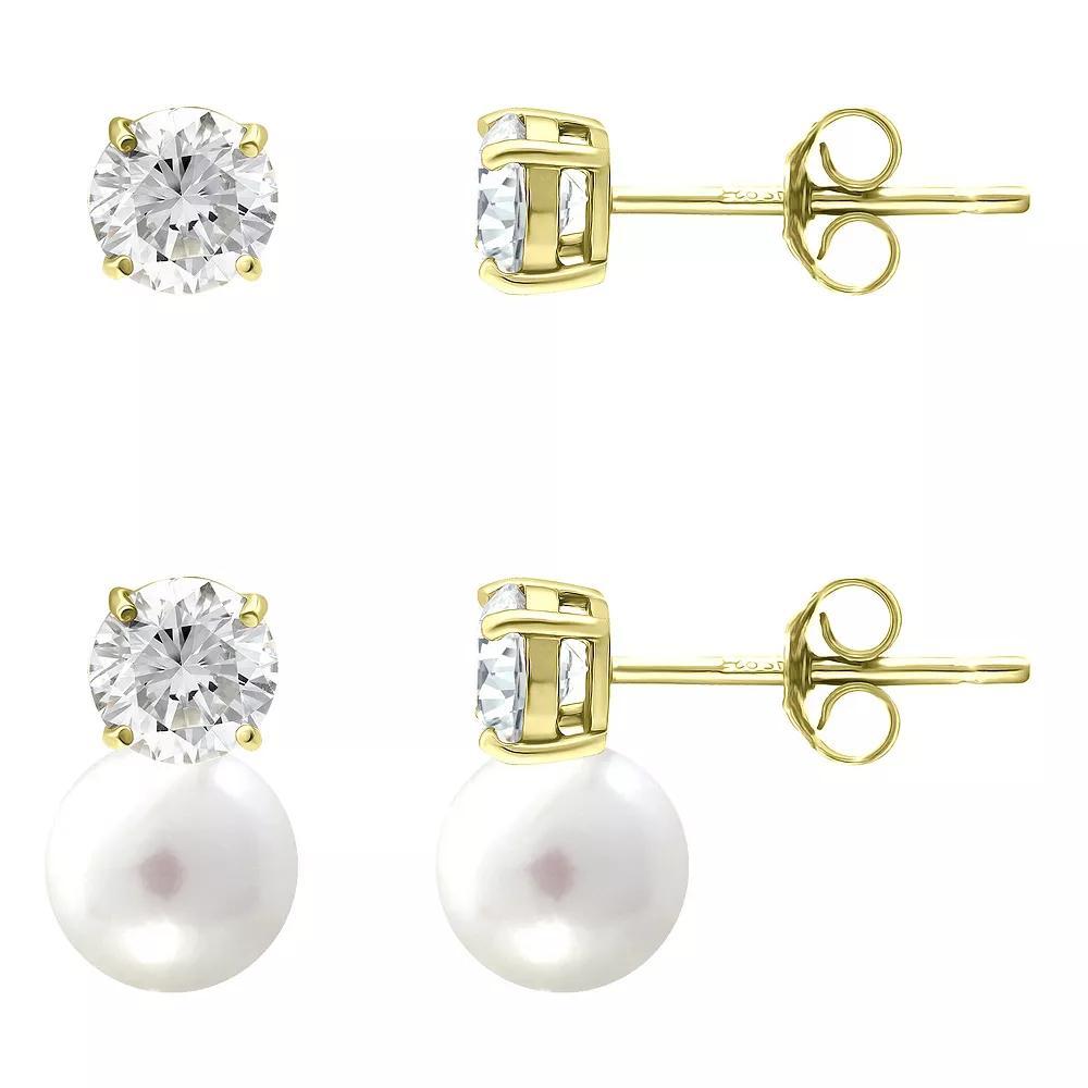 Aleure Precioso 18k Gold Over Silver 2 Pair Cubic Zirconia & Freshwater Cultured Pearl Stud Earrings Set, Women's, Gold Tone White Product Image