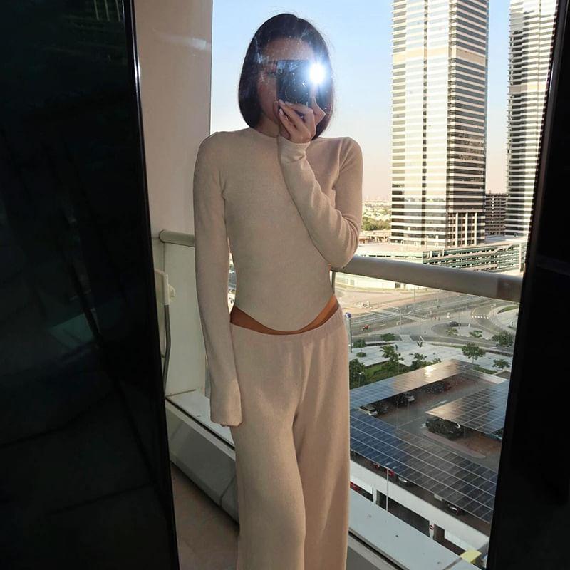 Long-Sleeve Crew Neck Plain Tee / Mid Rise Plain Wide Leg Pants Product Image