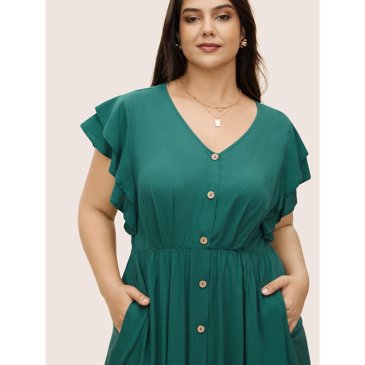 Plus Size Citrus Solid Tiered Ruffle Cap Sleeve Button Detail Dress DarkGreen Women Elegant Gathered V-neck Cap Sleeve Curvy Midi Dress BloomChic 30/6X Product Image