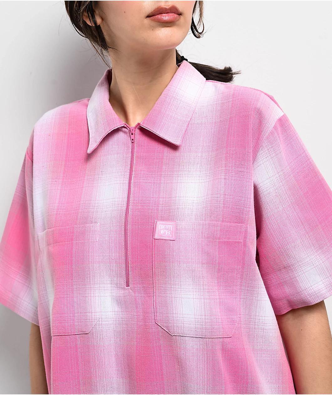 FB County Pink Plaid Zip Short Sleeve Woven Shirt  Product Image