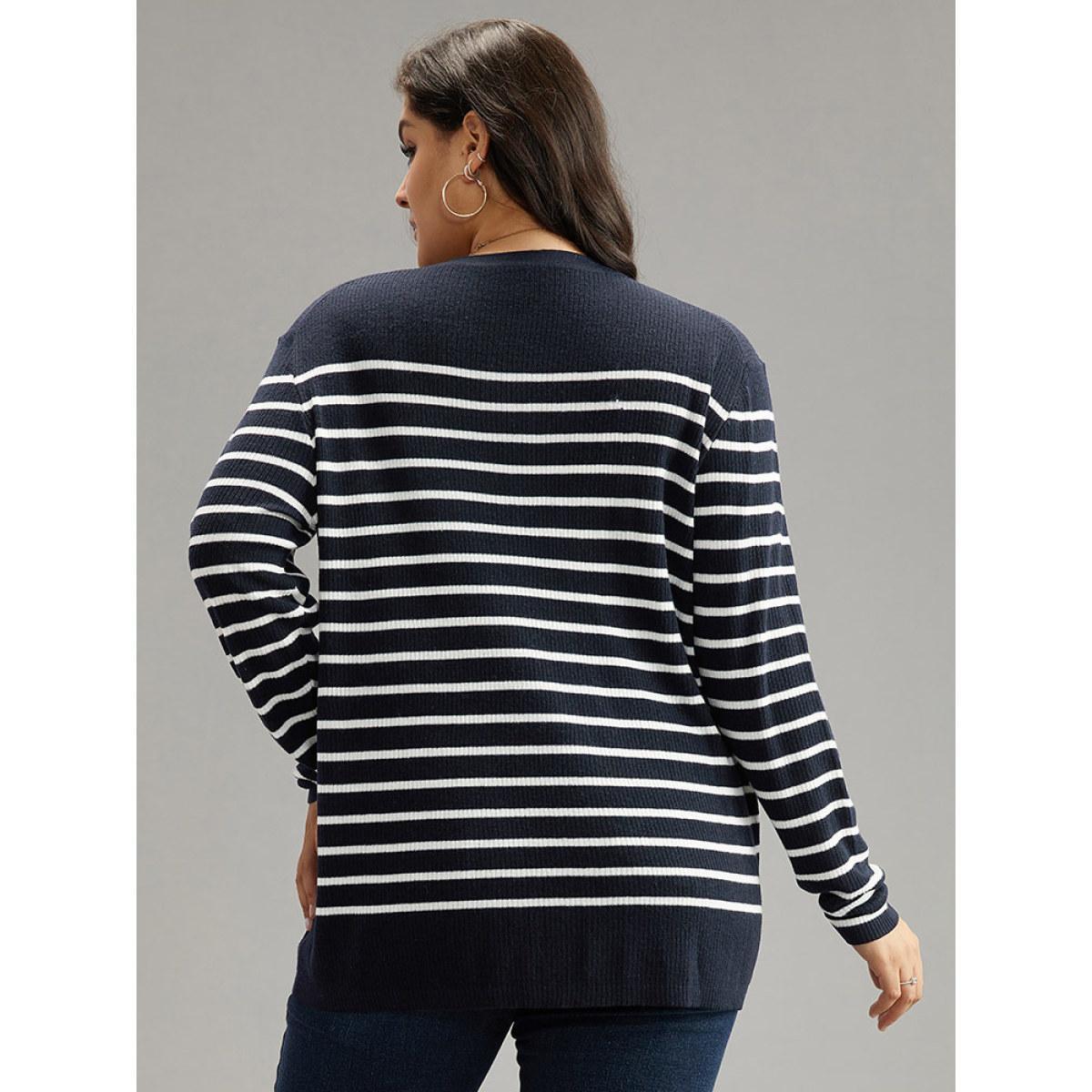 Plus Size Supersoft Essentials Striped Button Through Pullover Midnight Women Casual Loose Long Sleeve V-neck Dailywear Pullovers BloomChic 30/6X Product Image