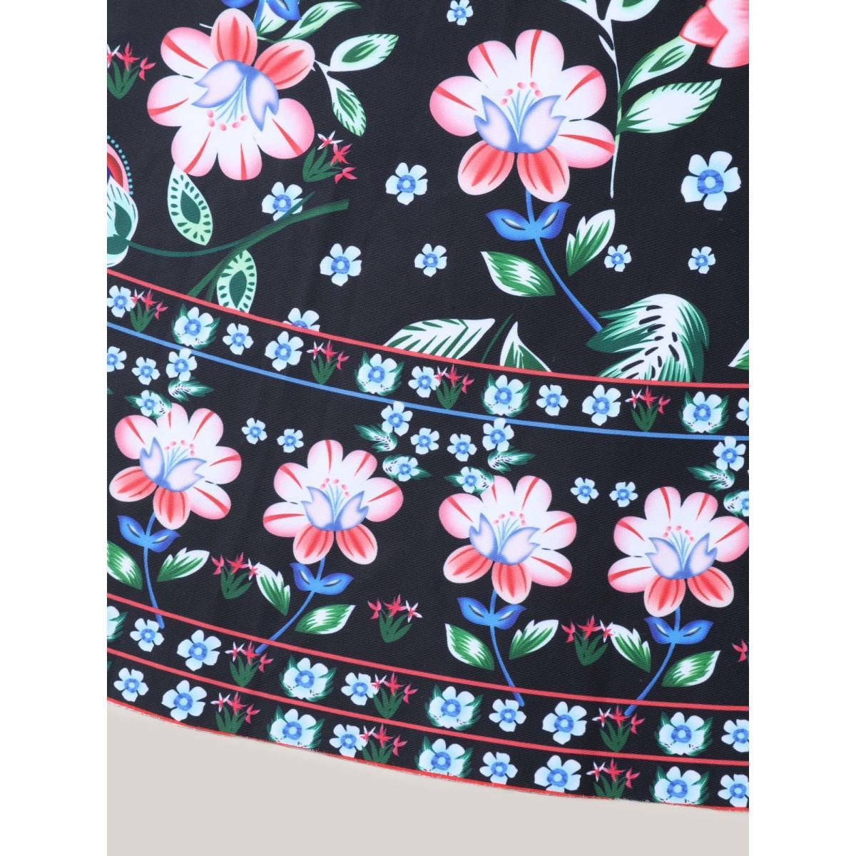Plus Size Floral Print Surplice Neck Swim Dress Women's Swimwear Black Beach Bodycon Overlap Collar High stretch Curve Swim Dresses BloomChic 26/4X Product Image