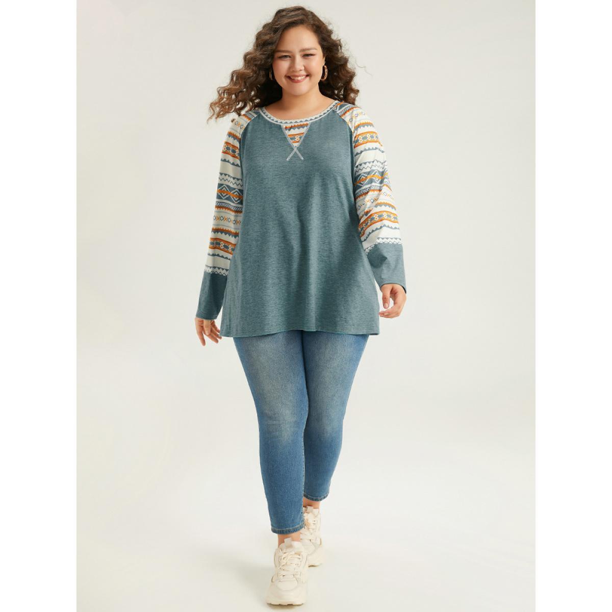 Plus Size Boho Print Raglan Sleeve T-shirt Green Women Casual Printed Bohemian Print Round Neck Dailywear T-shirts BloomChic 18-20/2X Product Image