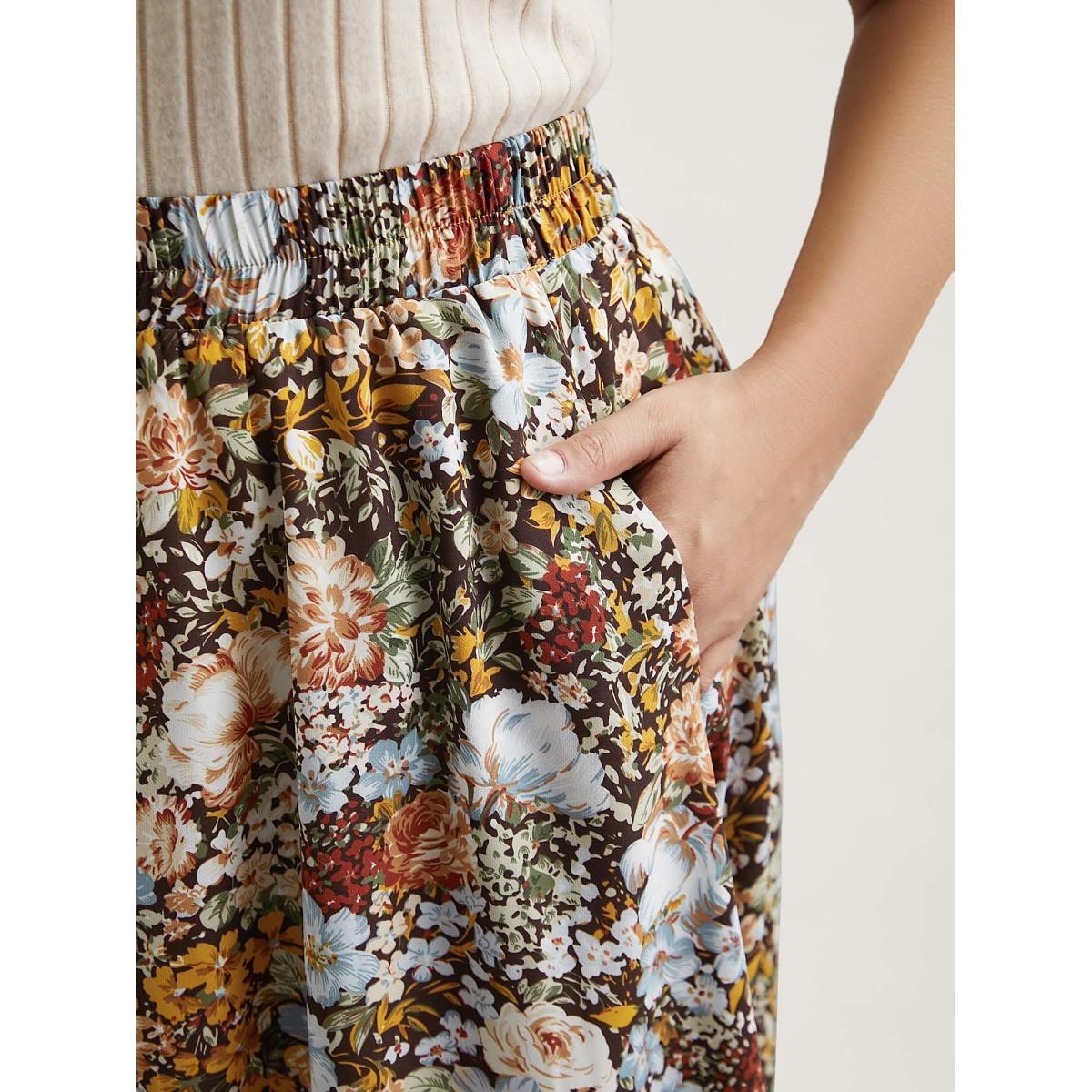 Plus Size Floral Print Stretchy-Waist Midi Skirt Women Multicolor Elegant Contrast No stretch Side seam pocket Everyday Skirts BloomChic 18-20/2X Product Image