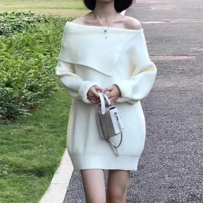 Off Shoulder Plain Mini Sweater Dress Product Image