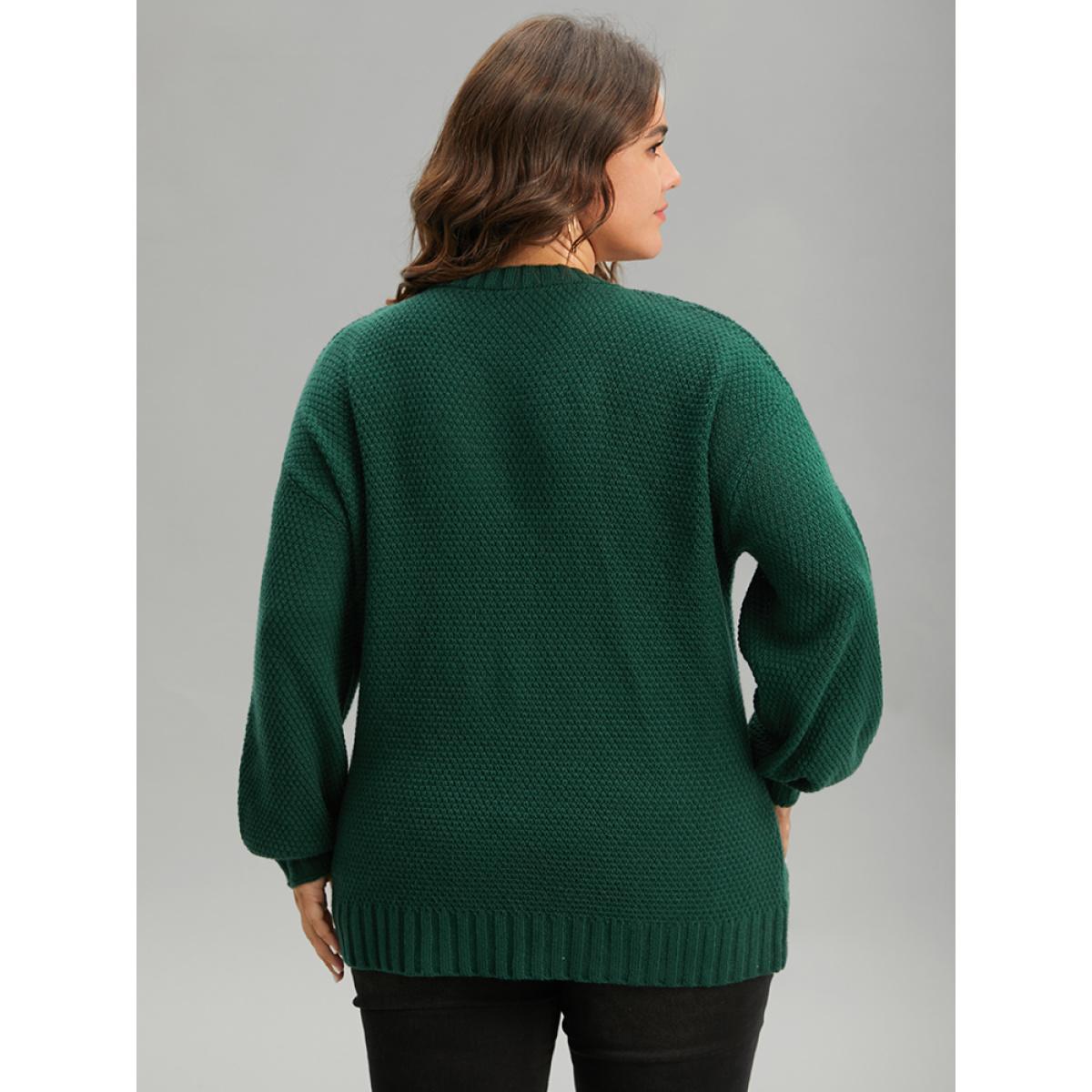 Plus Size Solid Cable Knit V Neck Elastic Cuffs Pullover DarkGreen Women Casual Loose Long Sleeve V-neck Everyday Pullovers BloomChic 10/M Product Image