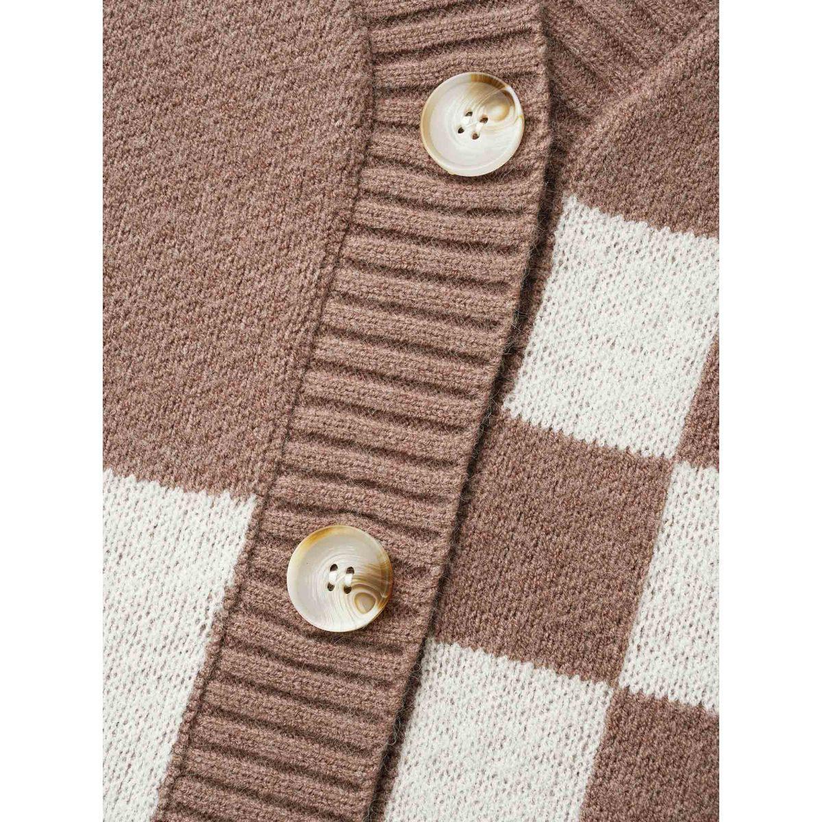 Plus Size Checkered V-Neck Button Front Knit Cardigan LightBrown Women Casual Loose Long Sleeve Everyday Cardigans BloomChic 28/5X Product Image