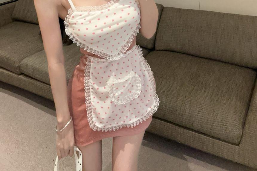 Spaghetti Strap Lace Trim Dotted Mini Bodycon Dress Product Image