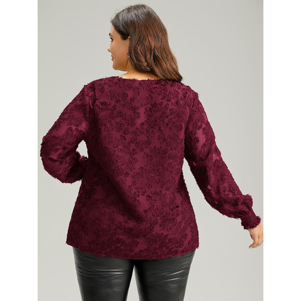 Plus Size Scarlet Plain Appliques Mesh V Neck Shirred Blouse Women Glamour Long Sleeve V-neck Festival-Christmas Blouses BloomChic 28/5X Product Image