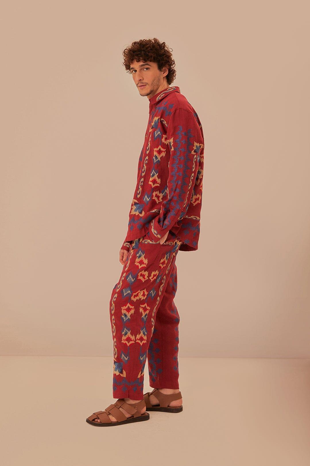 Red Floral Embroidery Jacquard Pants, BURGUNDY / XXS Product Image