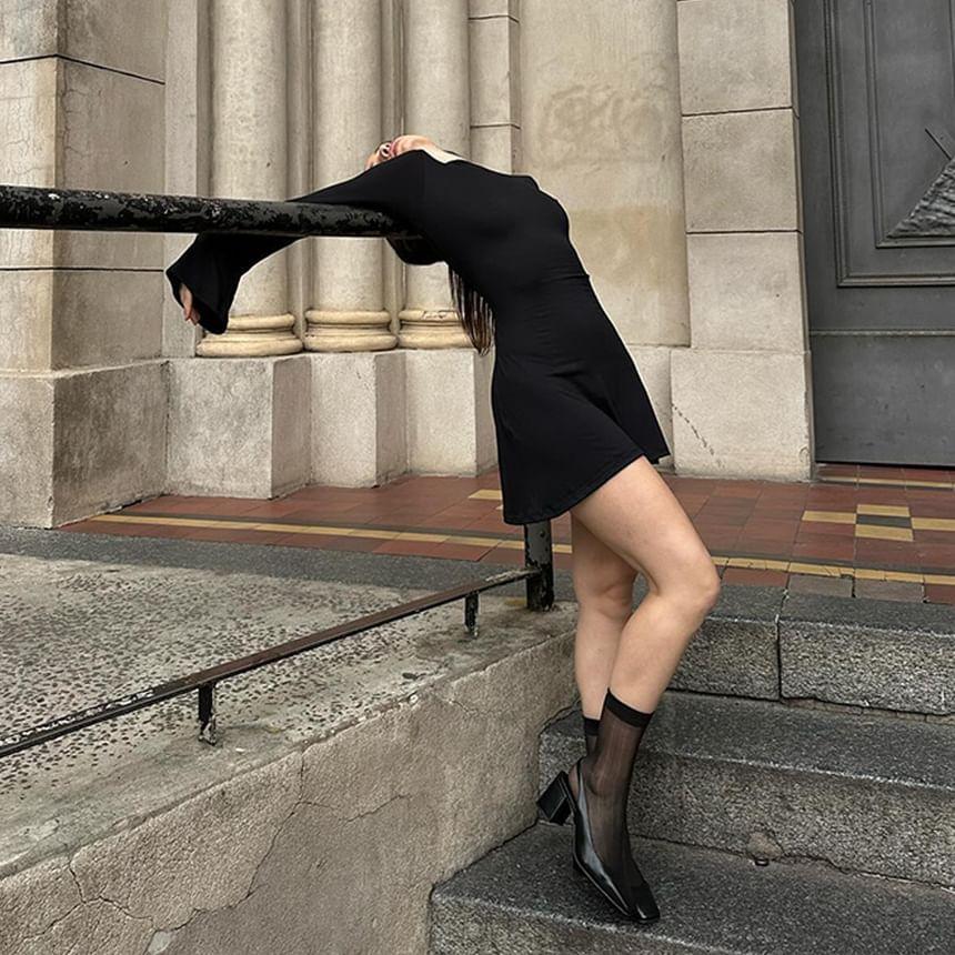 Long-Sleeve Crewneck Plain Mini A-Line Dress Product Image