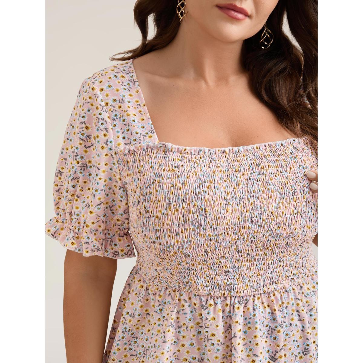 Plus Size MistyRose Floral Print Shirred Bodice Peplum Top Women Elegant Short sleeve Square Neck Everyday Blouses BloomChic 14-16/1X Product Image