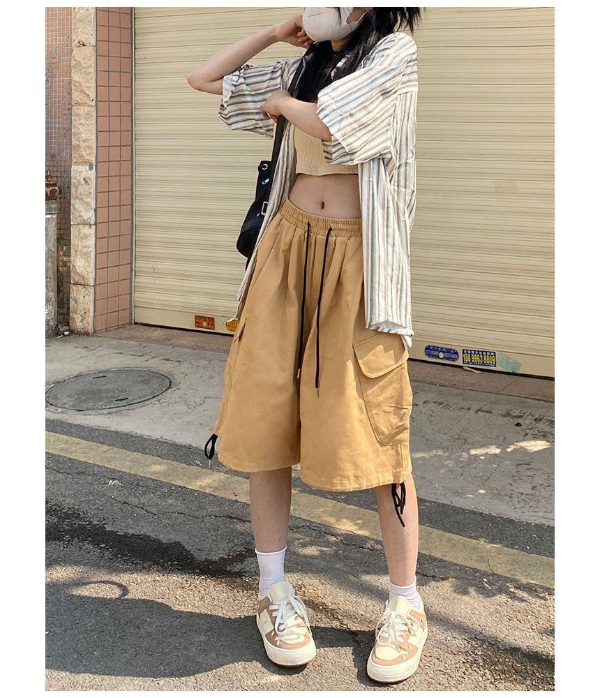 Drawstring Waist Plain Cargo Shorts Product Image