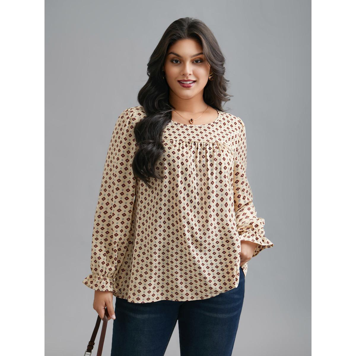 Plus Size Apricot Round Neck Geometric Print Pleated Blouse Women At the Office Long Sleeve Round Neck Work Blouses BloomChic 14-16/1X Product Image