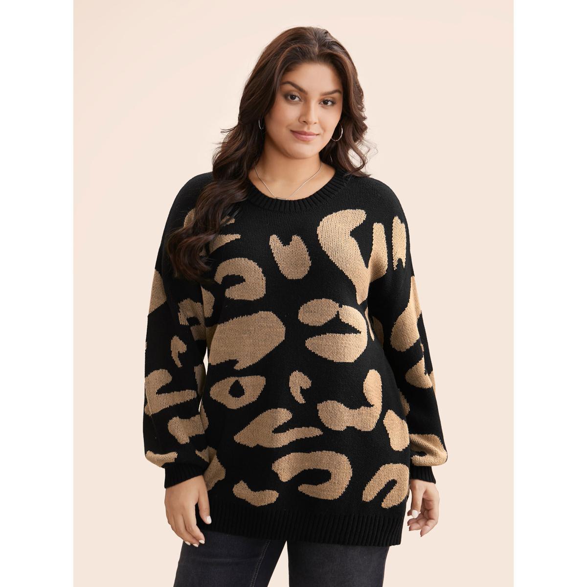 Plus Size Leopard Print Drop Shoulder Sleeve Pullover Black Women Casual Loose Long Sleeve Round Neck Everyday Pullovers BloomChic 10/M Product Image