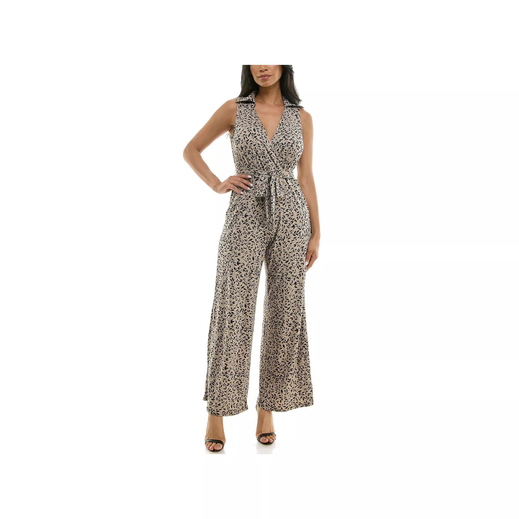 Women's Nina Leonard Print Collared Sleeveless Surplice Wide-Leg Jumpsuit, Size: Large, Black Combo Product Image