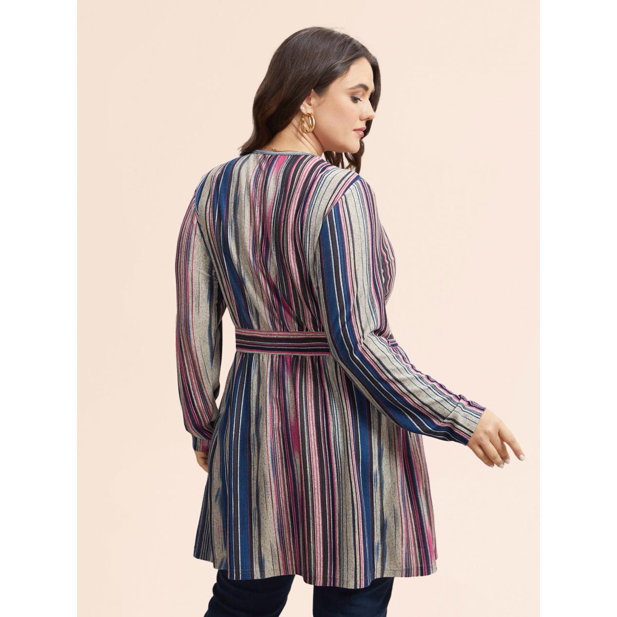 Plus Size Colored Striped Open Front Waist Defining Jacket Women DarkBlue Contrast Bodycon Side seam pocket Everyday Jackets BloomChic 26/4X Product Image