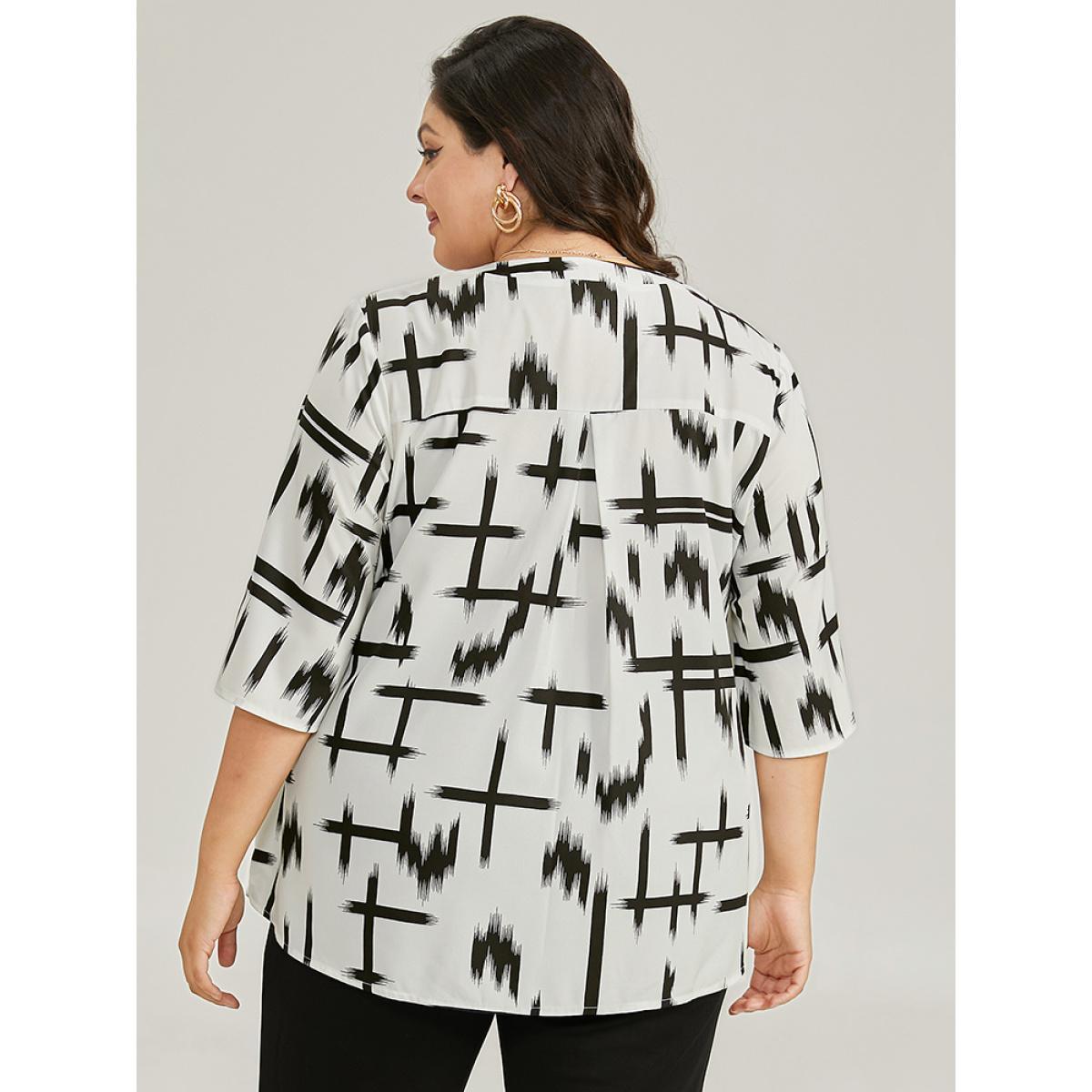 Plus Size Ivory Brush Print V Neck Pleated Ruffles Button Up Blouse Women Office Half Sleeve V-neck Work Blouses BloomChic 10/M Product Image