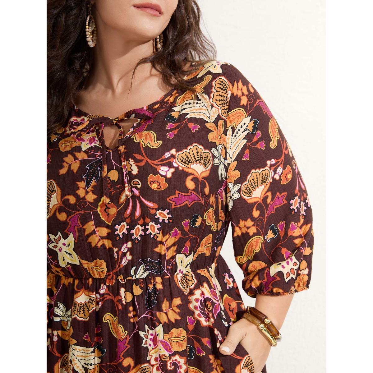 Plus Size Boho Print Stretchy Waist Maxi Dress Browncoffeecolor Women Woven ribbon&lace trim Flat collar with V-notch Elbow-length sleeve Curvy BloomChic 10/M Product Image