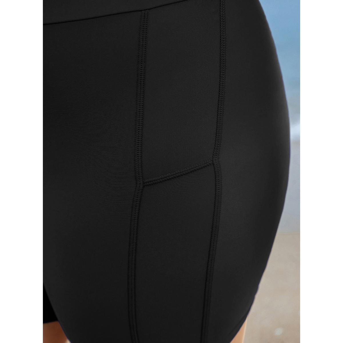 Plus Size Solid Wideband Waist Swim Shorts Women's Swimwear Black Beach Non High stretch Skinny High Rise Curve Swim Bottoms BloomChic 26/4X Product Image