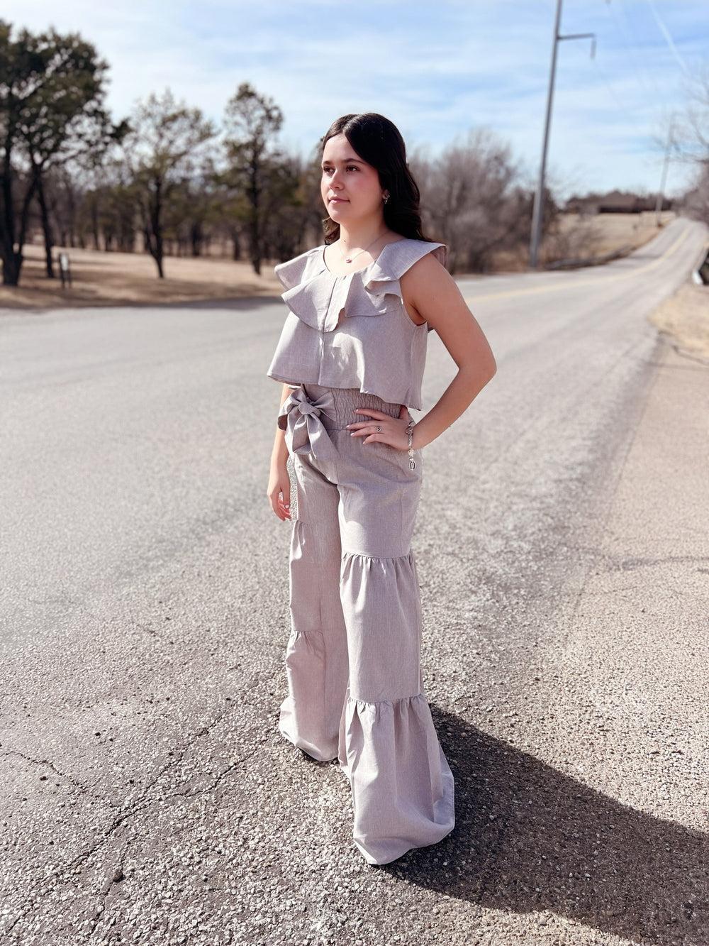 Oatmeal Smocking Waist Tier Wide Leg Pants Product Image