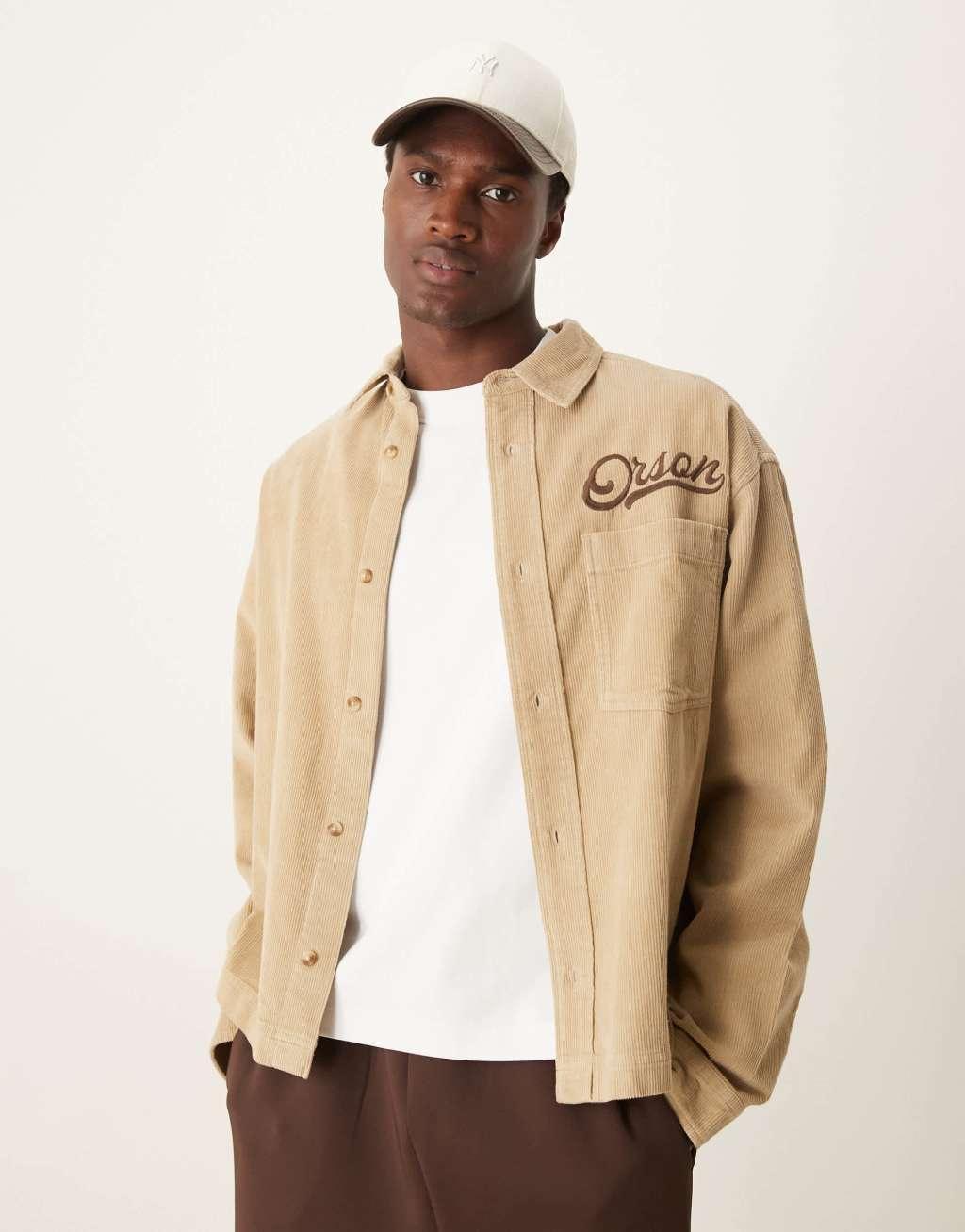 ASOS DESIGN boxy oversized cord shirt with chest embroidery in stone Product Image