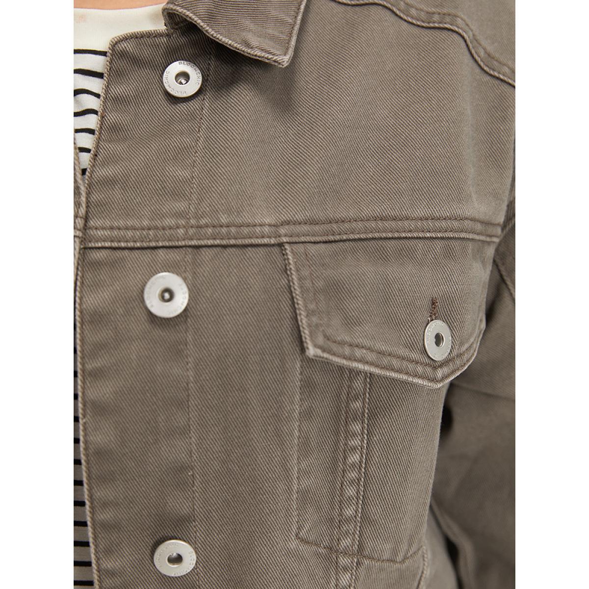 Women Solid Denim Button Fly Flap Pocket Light Wash Jacket LightBrown Plus Size Plain Button Everyday Pocket Casual Denim Jackets BloomChic 28/5X Product Image