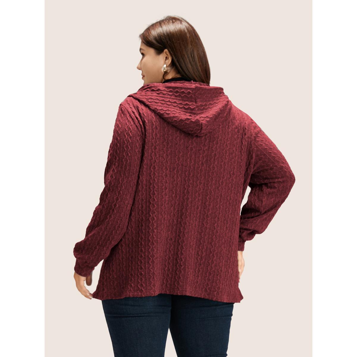 Plus Size Plain Textured Zipper Hooded Sweatshirt Women Burgundy Casual Non Hooded Everyday Sweatshirts BloomChic 30/6X Product Image