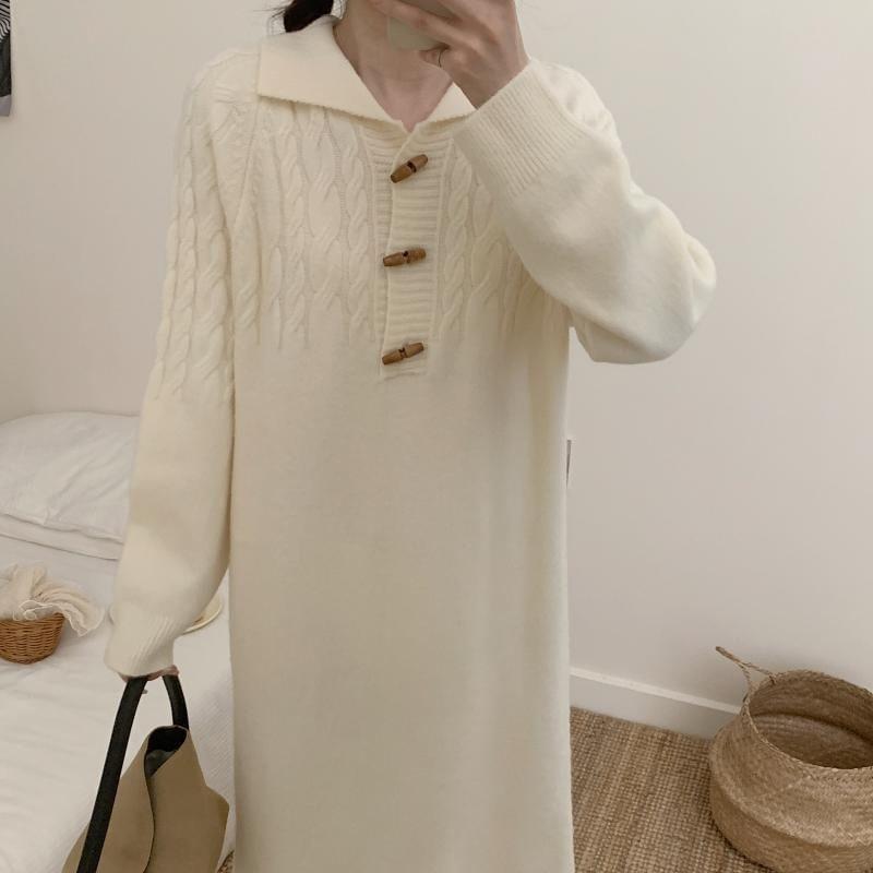 Long-Sleeve Polo-Neck Plain Midi Sweater Dress Product Image