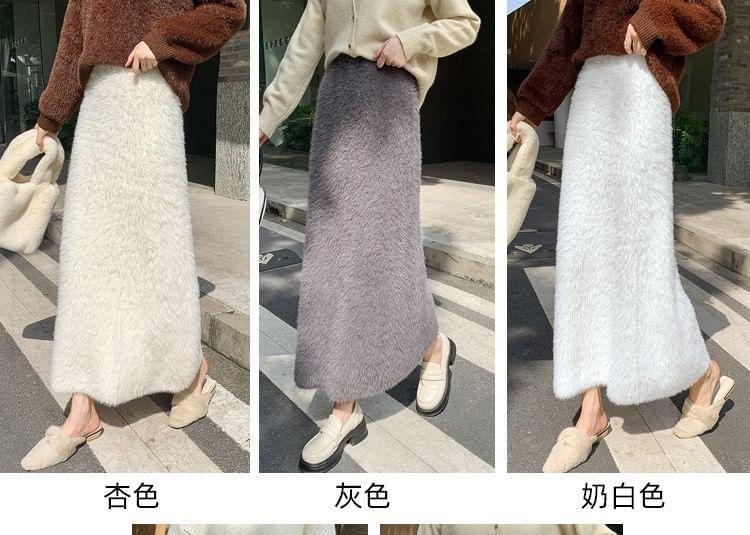 High Rise Plain Fluffy Knit Midi H-Line Skirt Product Image