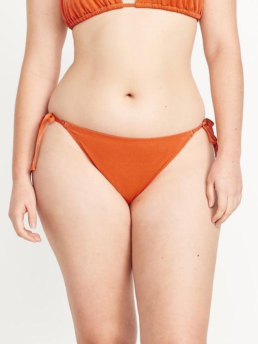 Mid-Rise Side-Tie Shine String Bikini Swim Bottoms Product Image
