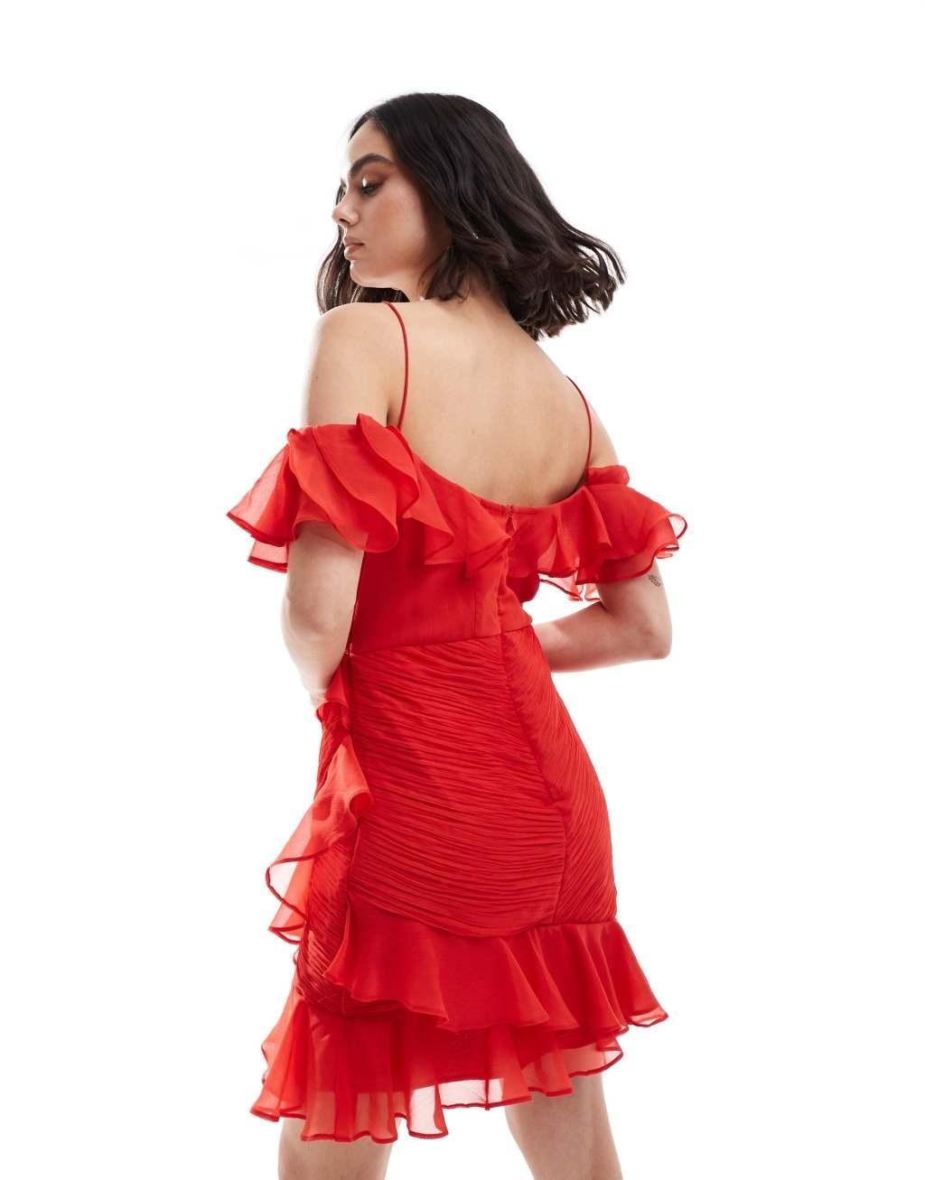 ASOS DESIGN cold shoulder ruffle mini dress in red Product Image