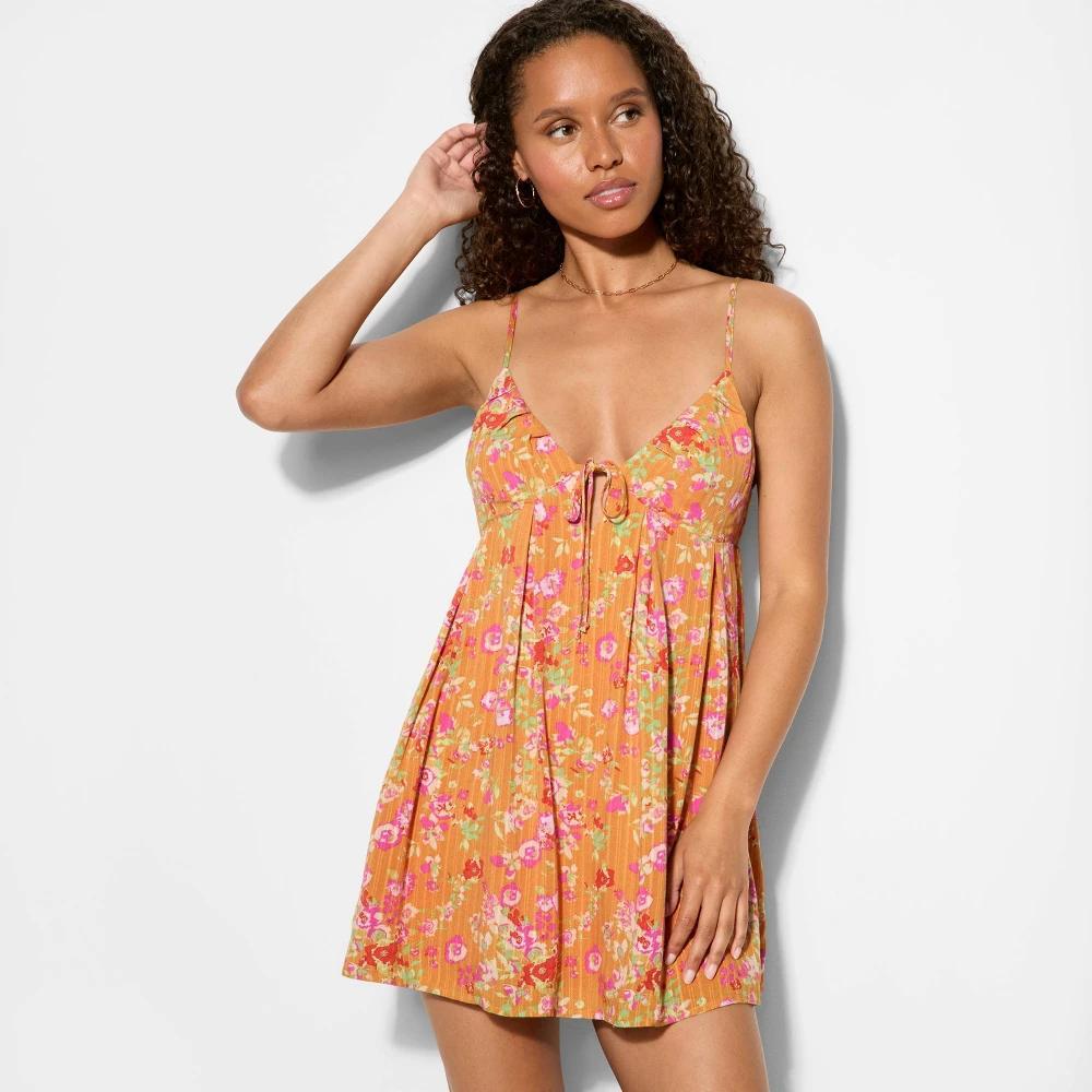 Women's Mini Pleated Babydoll Dress - Wild Fable™ Orange Floral Product Image