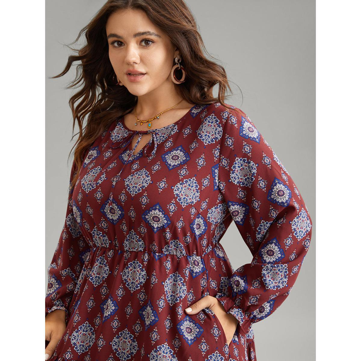 Plus Size Boho Print Knot Neck Pocket Lantern Sleeve Dress Scarlet Women Vacation Cross straps Tie Neck Long Sleeve Curvy Midi Dress BloomChic 22-24/3X Product Image