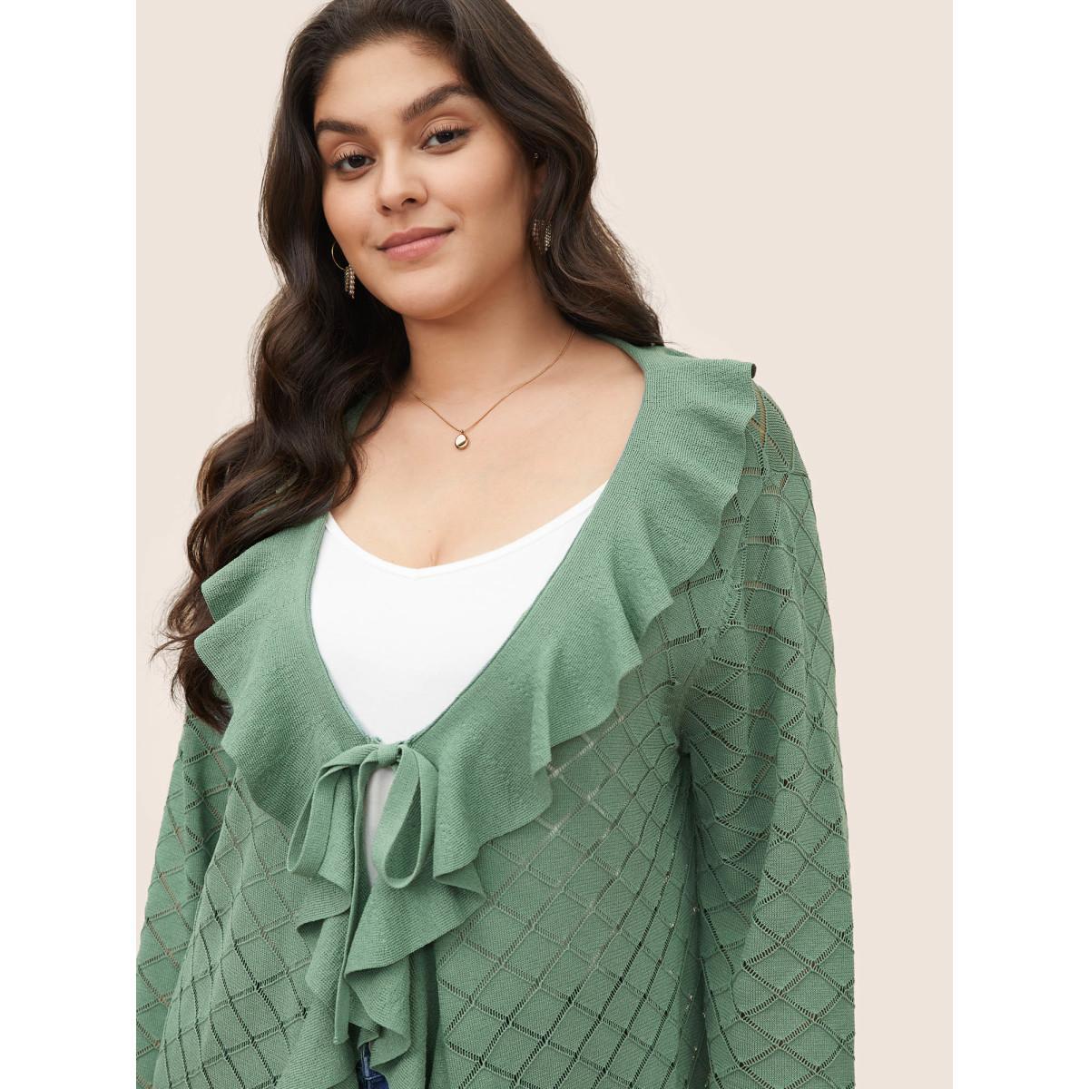 Plus Size Plain Geometric Cut Out Ruffles Ties Cardigan Emerald Women Everyday Elegant Cover Ups Bloomchic 30/6X Product Image