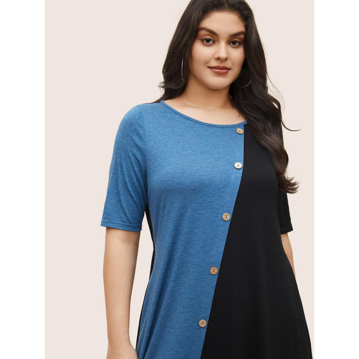 Plus Size Supersoft Essentials Colorblock Button Detail Patchwork Dress Blue Women Casual Non Round Neck Short sleeve Curvy Midi Dress BloomChic 28/5X Product Image