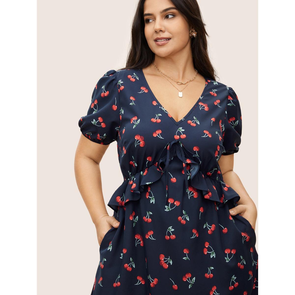 Plus Size Citrus Fruit Print Tie Knot Gathered Puff Sleeve Dress DarkBlue Women Elegant Tie knot V-neck Short sleeve Curvy Midi Dress BloomChic 12/L Product Image