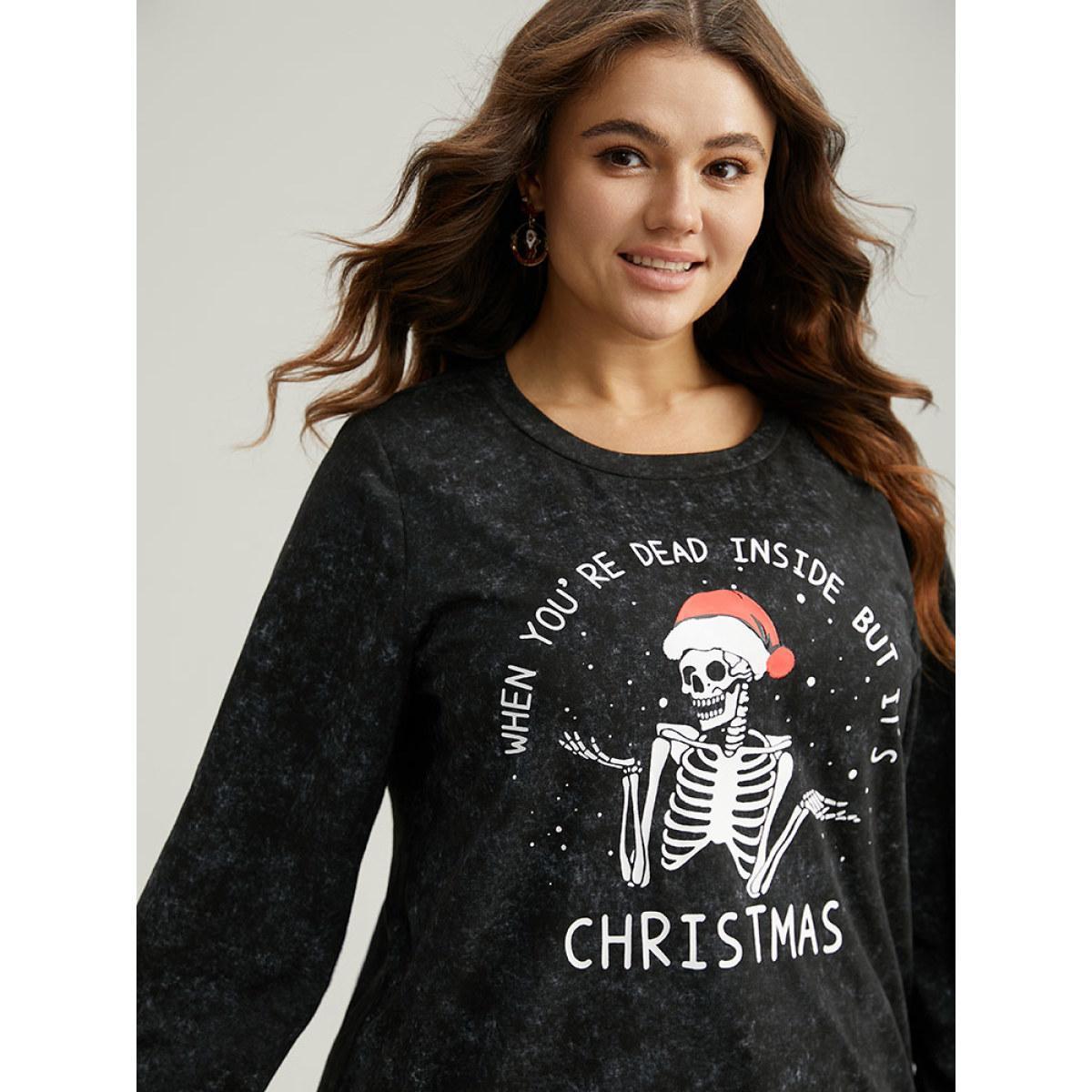 Plus Size Christmas Vintage Skull Print Crew Neck Sweatshirt Women Black Casual Elastic cuffs Festival-Christmas Sweatshirts BloomChic 14-16/1X Product Image