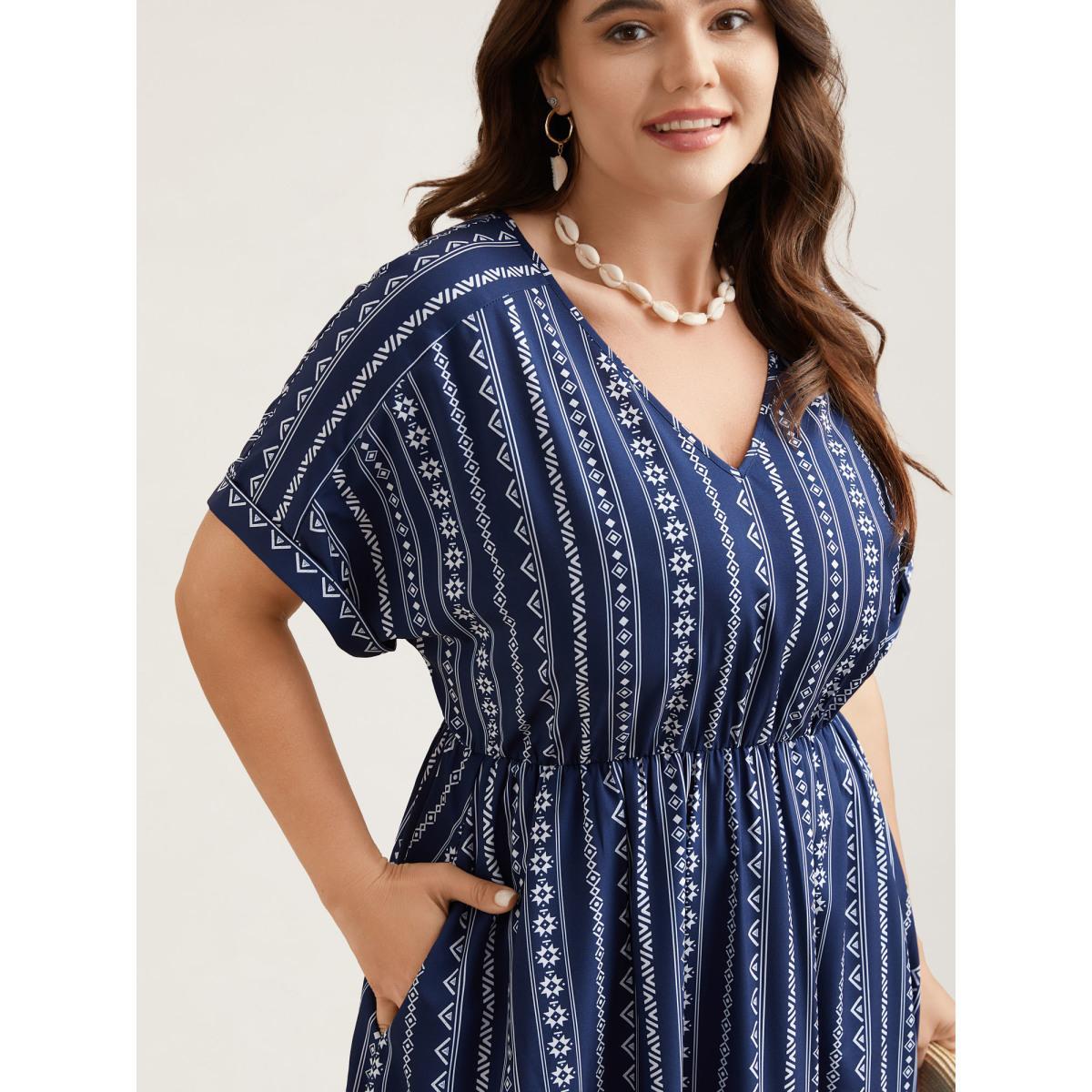 Plus Size Striped Waist-Cinched Dolman Sleeve Midi Dress DarkBlue Women Resort Gathered V-neck Short sleeve Curvy BloomChic 30/6X Product Image