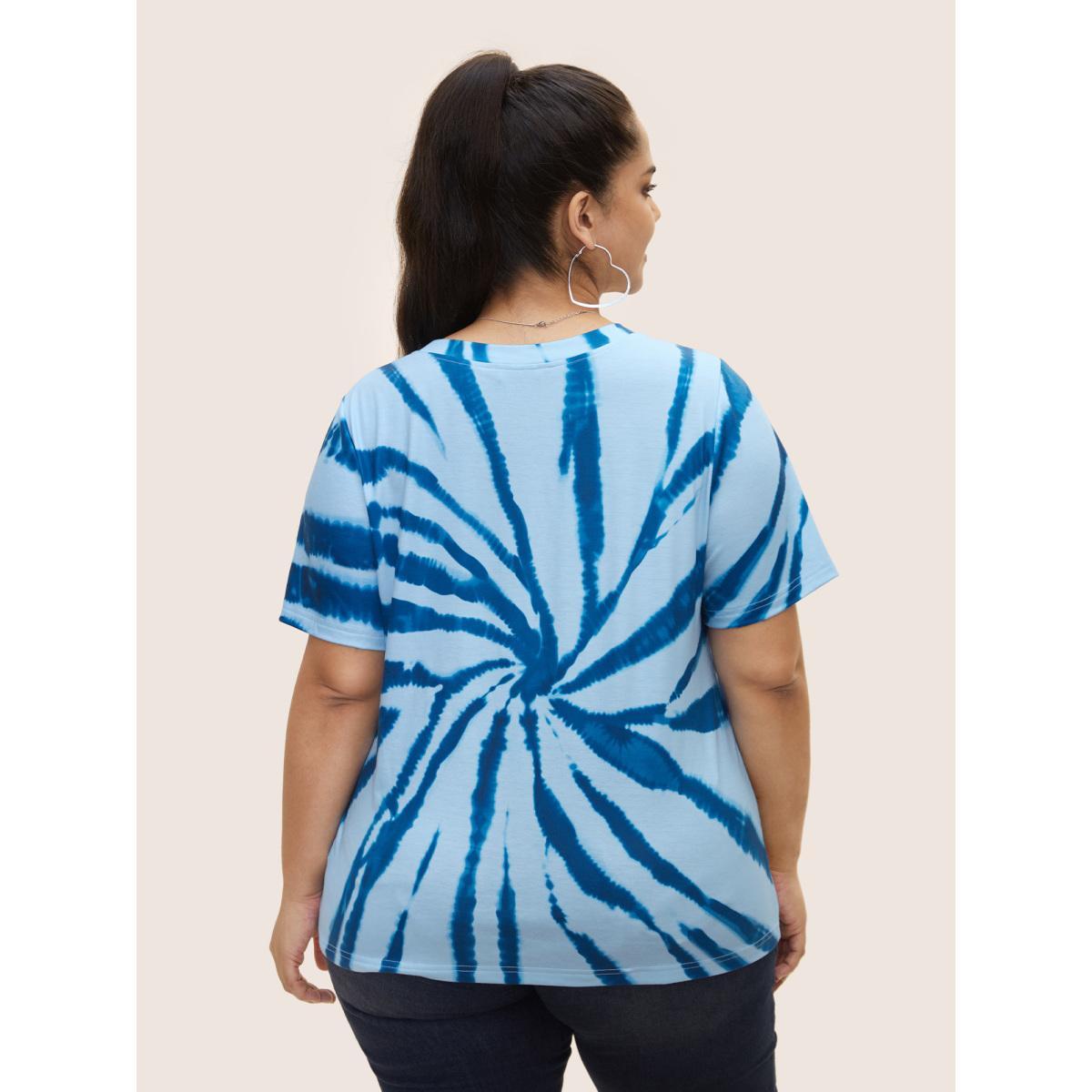 Plus Size USA Print Round Neck Tie Dye T-Shirt DarkBlue Women Casual Contrast Art&design Round Neck Everyday T-shirts BloomChic 10/M Product Image